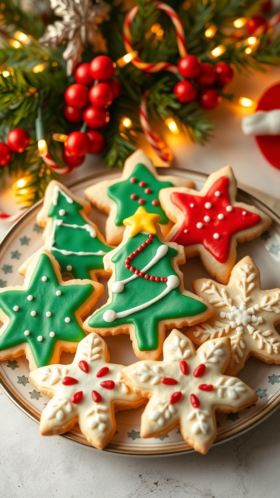 Decorated Christmas sugar cookies in festive shapes on a decorative plate with holiday decorations.